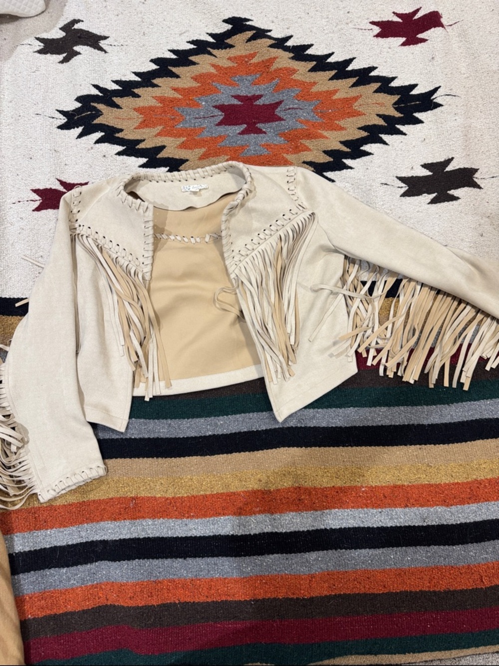 Cropped Fringe Suede-Style Jacket in Cream
